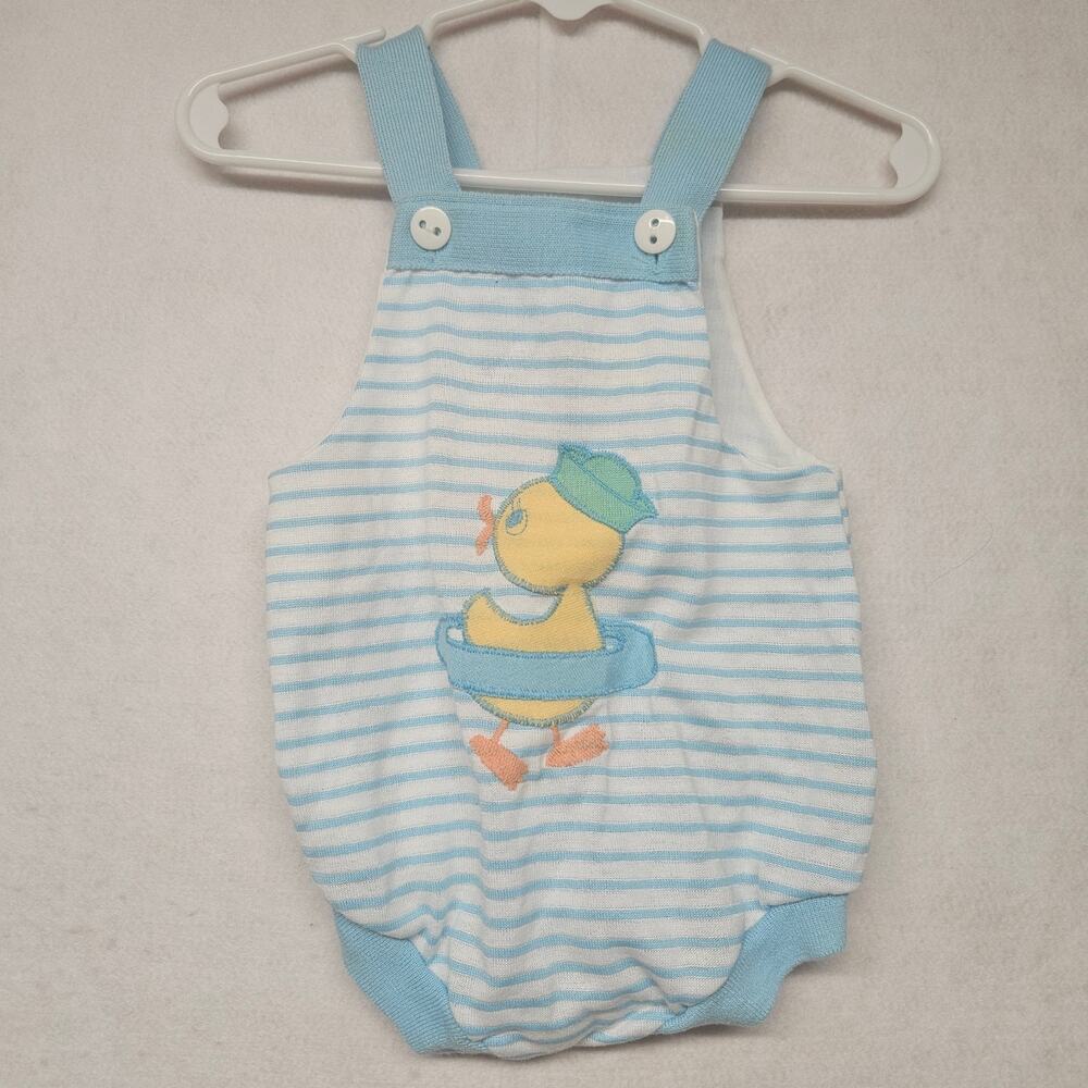 Vintage 80s Health-tex Baby Romper Yellow Duck Striped Sunsuit Retro 6M